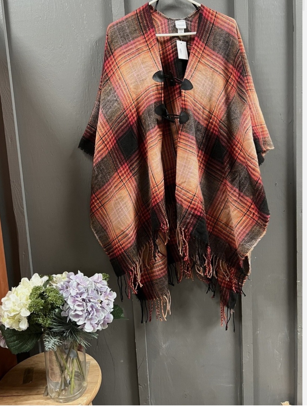 Plaid Fringe Toggle Shrug- NWT